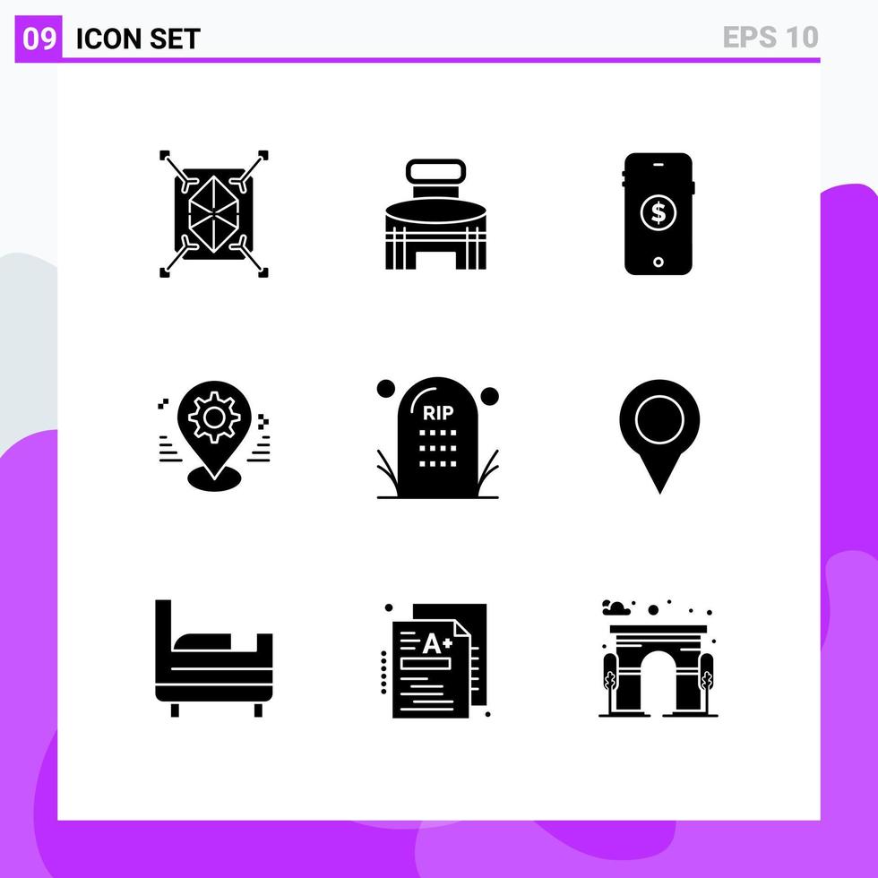 pacote de interface do usuário de 9 glifos sólidos básicos de configuração de mapa estádio gps elementos de design de vetores editáveis on-line