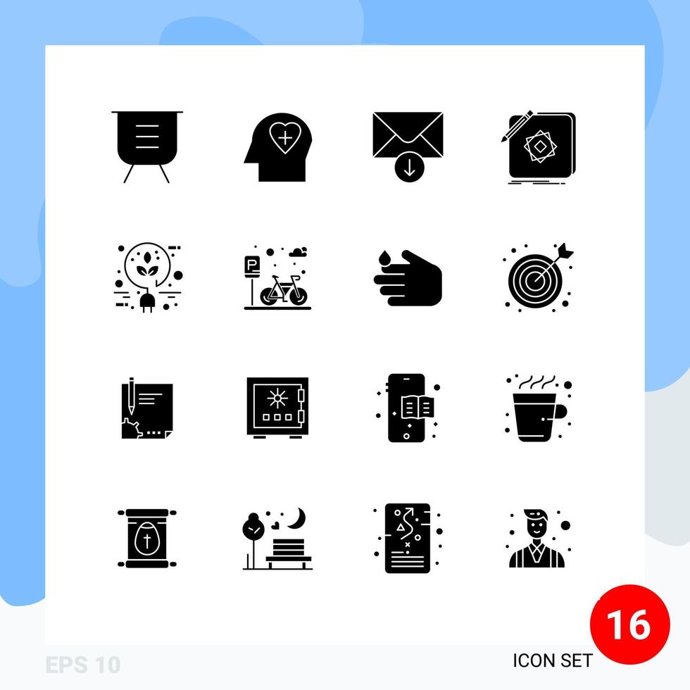 Pacote de glifos sólidos de 16 interfaces de usuário de sinais e símbolos modernos de aplicativos de correio de design elétrico, elementos de design de vetores editáveis