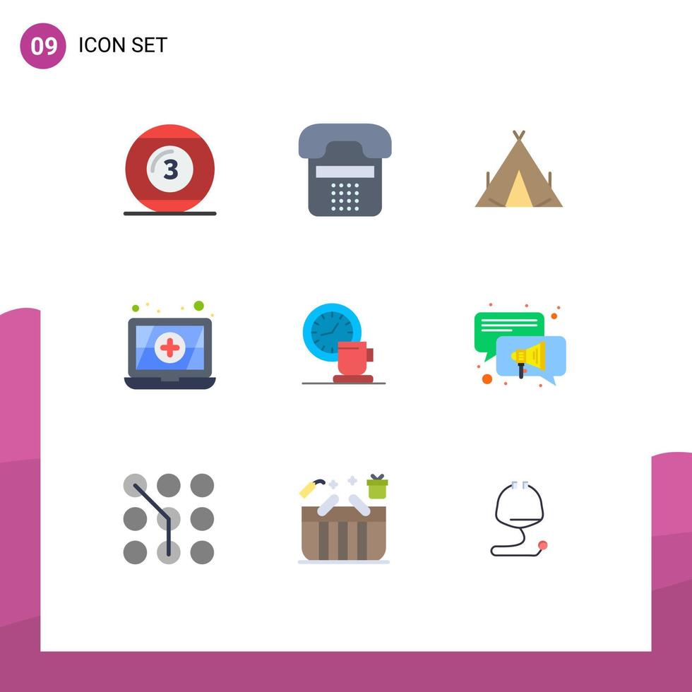 conjunto de cores planas de interface móvel de 9 pictogramas de xícara de café dispositivo antivírus wigwam elementos de design de vetores editáveis