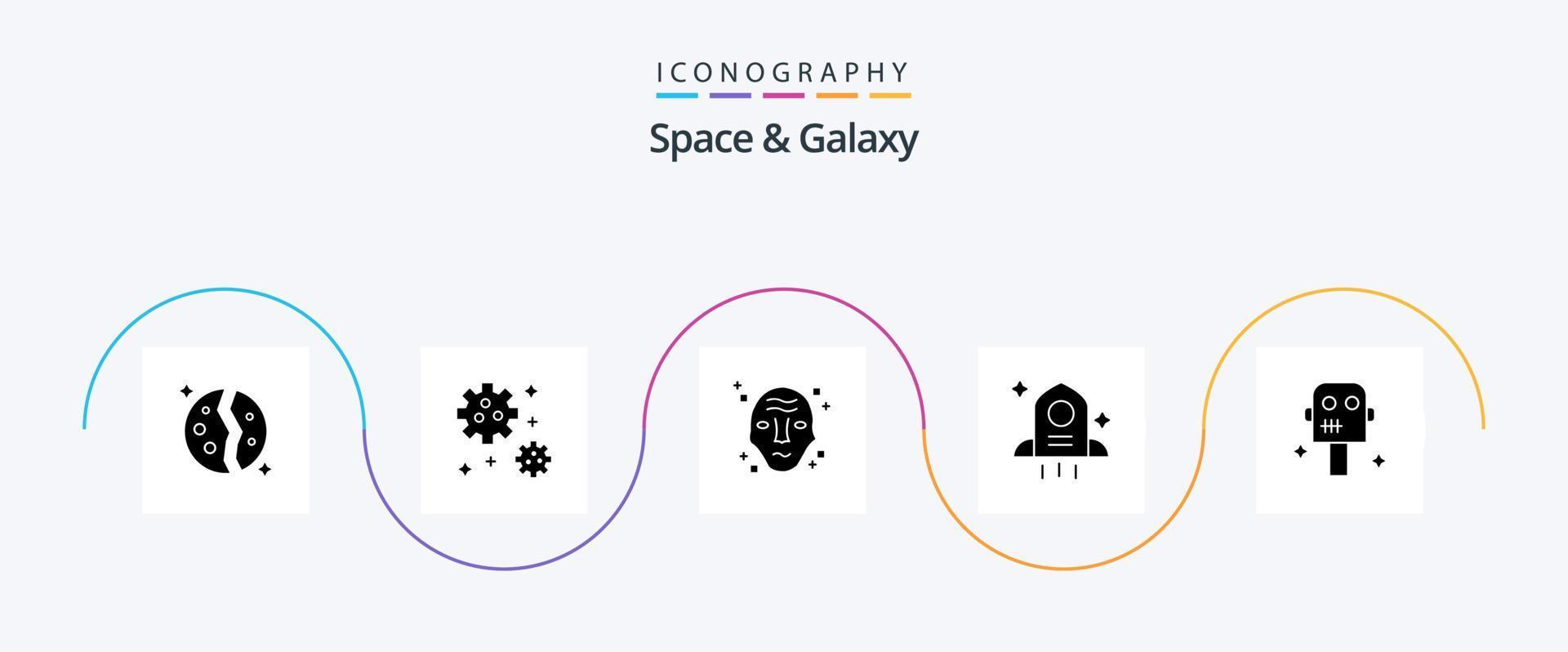 pacote de ícones do espaço e glifo 5 da galáxia, incluindo terno. espaço. estrangeiro. foguete. ovni vetor