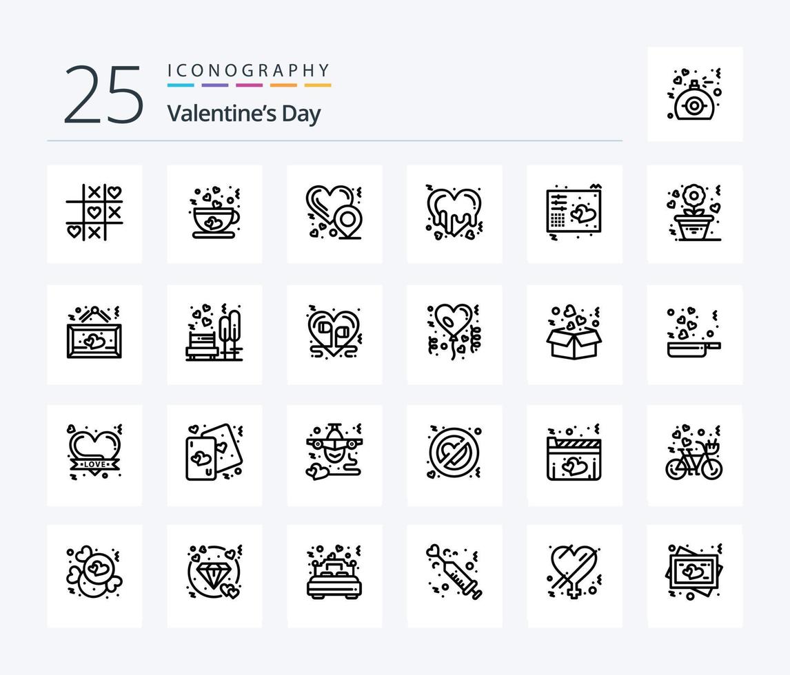 Dia dos Namorados 25 pacote de ícones de linha, incluindo chaves. Ame. localização do coração. romance. coração vetor