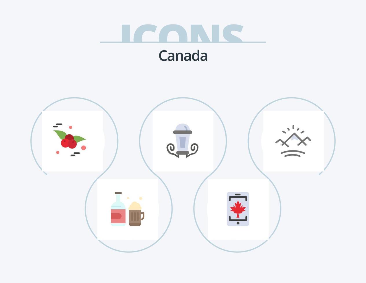 design de ícones do pacote de ícones planos do Canadá 5. Sol. montanhas. cereja. lanterna. noite vetor