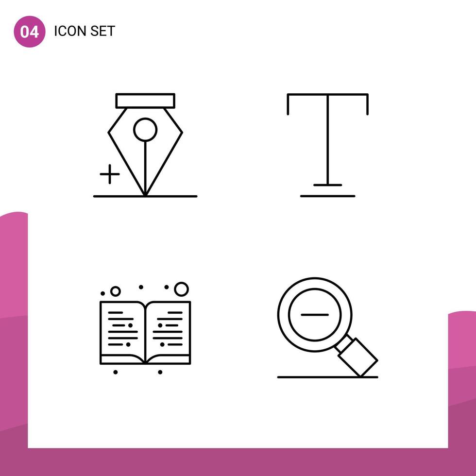 grupo de 4 sinais e símbolos de cores planas de linha preenchida para adicionar menos elementos de design de vetores editáveis de lupa de livro de fontes