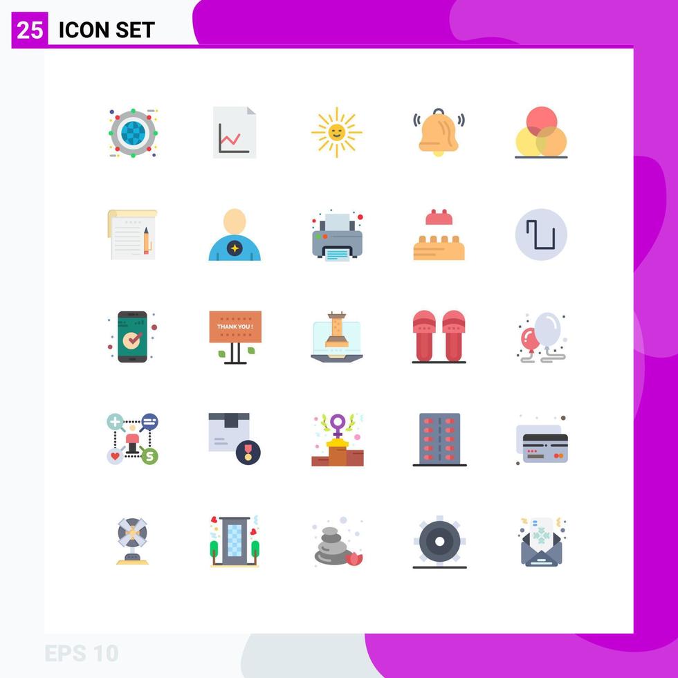 pacote de 25 sinais e símbolos modernos de cores planas para mídia de impressão na web, como sino de notificação de brilho de cor de roda, elementos de design de vetores editáveis