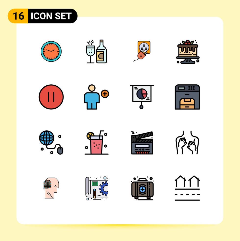 pacote de interface do usuário de 16 linhas básicas cheias de cores planas de doces sobremesa ddrink bolo cabo elementos de design de vetores criativos editáveis