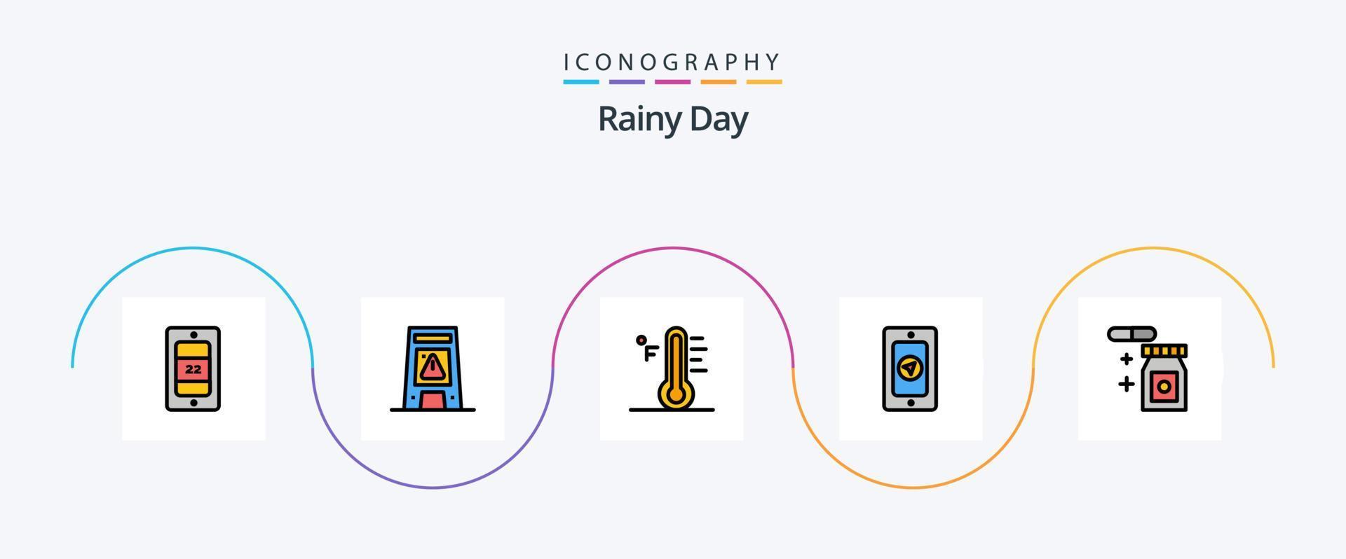 linha chuvosa cheia de pacote de ícones plana 5 incluindo chuvoso. chuvoso. nuvem. PIN. temperatura vetor