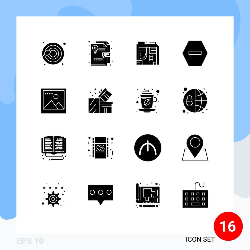 conjunto de glifos sólidos de interface móvel de 16 pictogramas de mídia de estojo de foto de caixa parar elementos de design de vetores editáveis