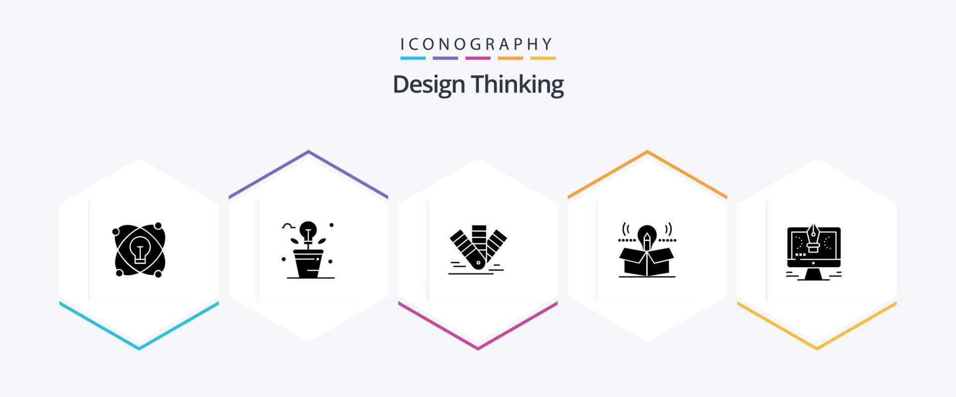 design thinking pacote de ícones de 25 glifos, incluindo ideia. pacote. plantar. caixa. pms vetor