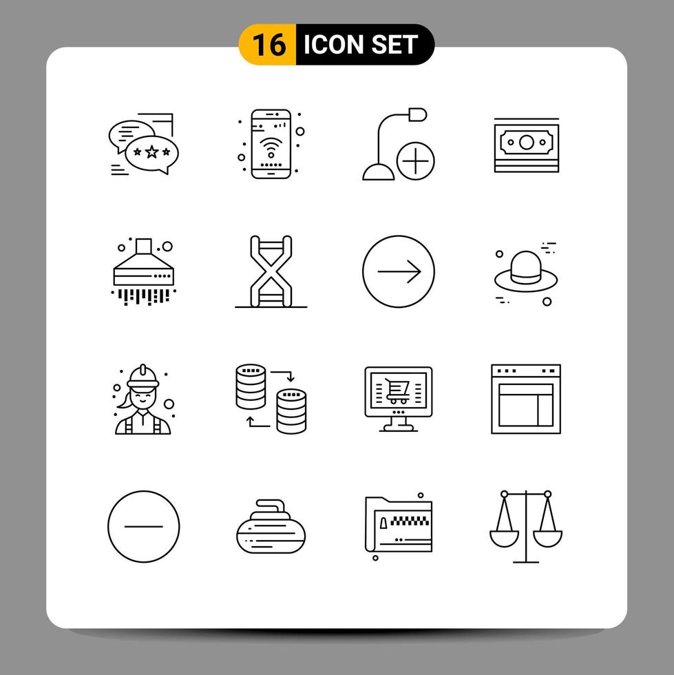 conjunto moderno de pictograma de 16 contornos de elementos de design de vetores editáveis de gadget de dinheiro wifi de dólar de motivação