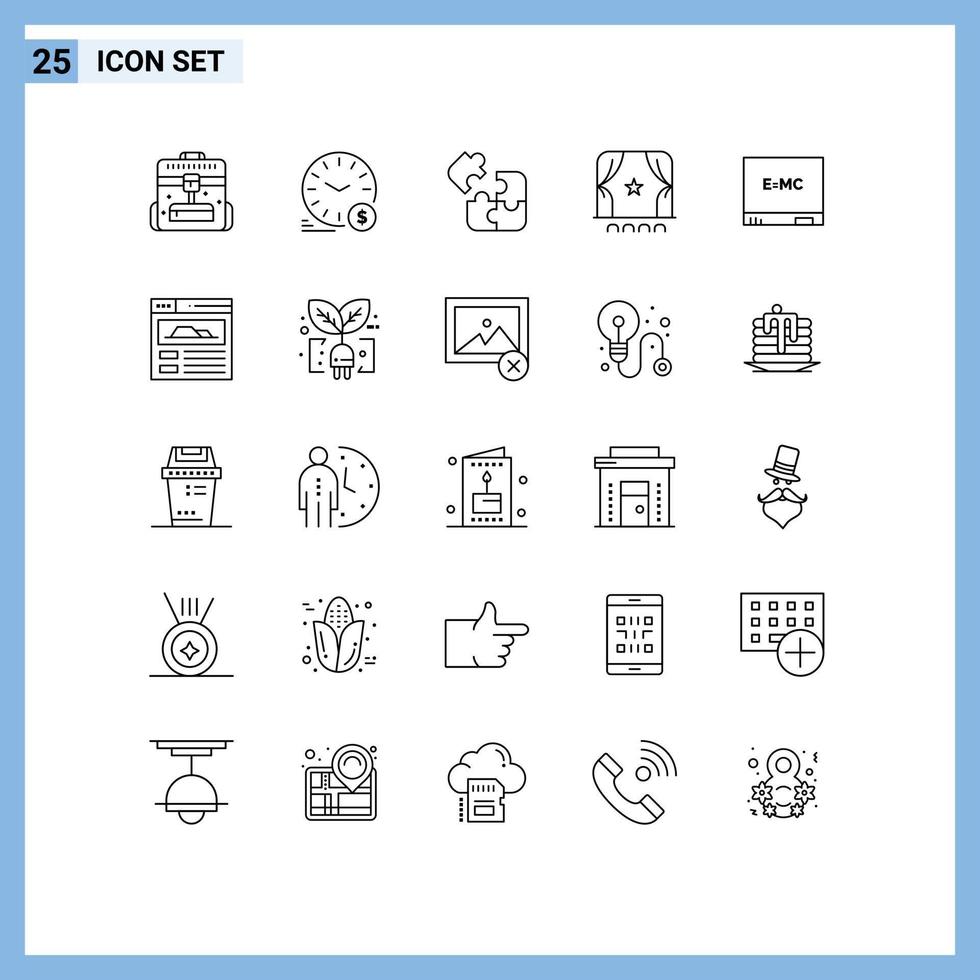 conjunto de 25 símbolos de símbolos de ícones de interface do usuário modernos para filmes, moeda, audiência, quebra-cabeça, elementos de design de vetores editáveis