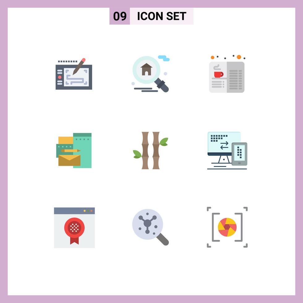 pacote de cores planas de 9 símbolos universais de elementos de design de vetores editáveis de publicidade de identidade de café corporativo de floresta