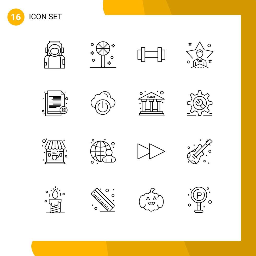 conjunto moderno de pictograma de 16 contornos de excluir elementos de design de vetores editáveis brilhantes do usuário do ginásio