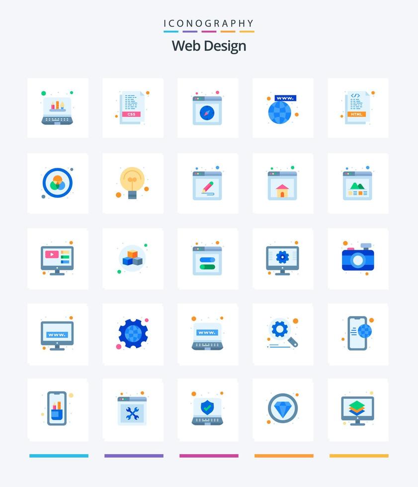 web design criativo 25 pacote de ícones planos, como documento. html. página. página. Internet vetor