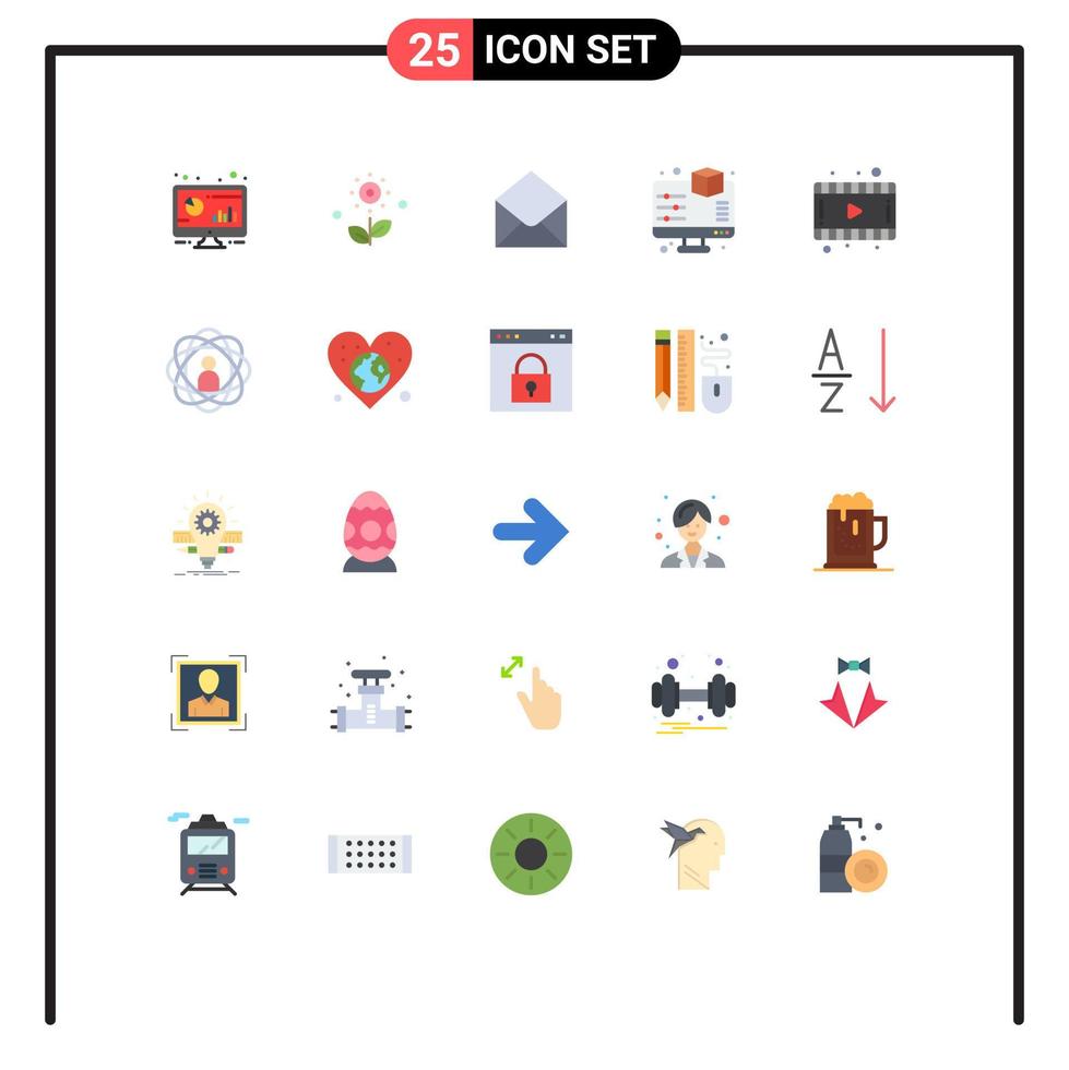 conjunto de cores planas de interface móvel de 25 pictogramas de pré-visualização de filme, mensagem de monitor de primavera, elementos de design de vetores editáveis