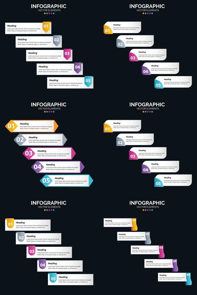 modelo de slide de apresentação de pacote de infográficos vetor 6 diagramas de ciclo de 5 etapas e linhas do tempo