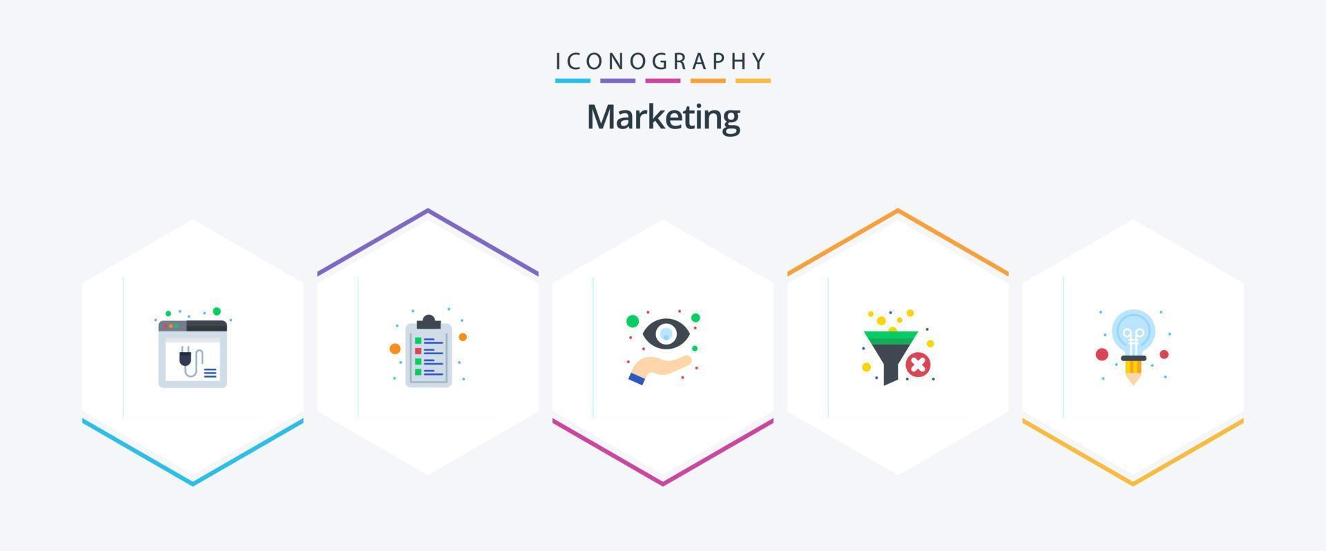marketing 25 pacote de ícones planos, incluindo lâmpada. ordenar. olho. funil. visão vetor