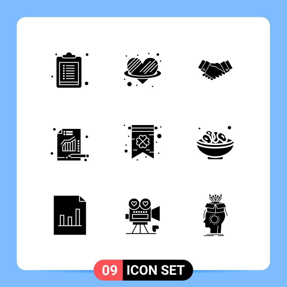 pacote de 9 glifos sólidos criativos de análise de relatório de negócio de gráfico de trevo elementos de design de vetores editáveis