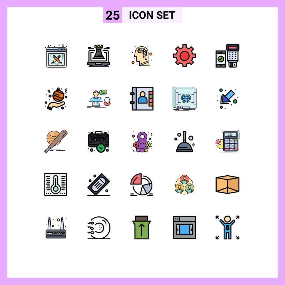 Pacote de cores planas de linha cheia de 25 interfaces de usuário de sinais e símbolos modernos de configuração de interface de estratégia de usuário de pagamento elementos de design de vetores editáveis