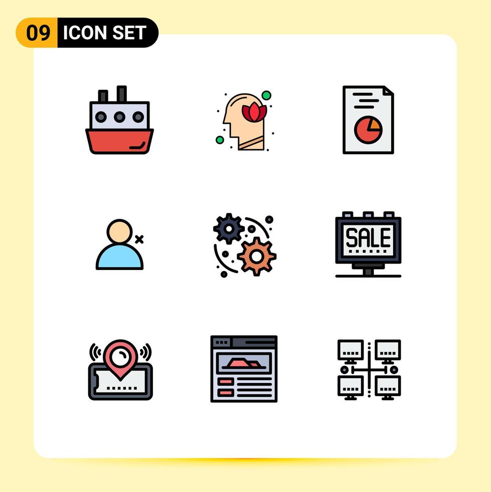 pacote de cores planas de linha preenchida de 9 símbolos universais de conjuntos da web relatório de twitter humano elementos de design de vetores editáveis