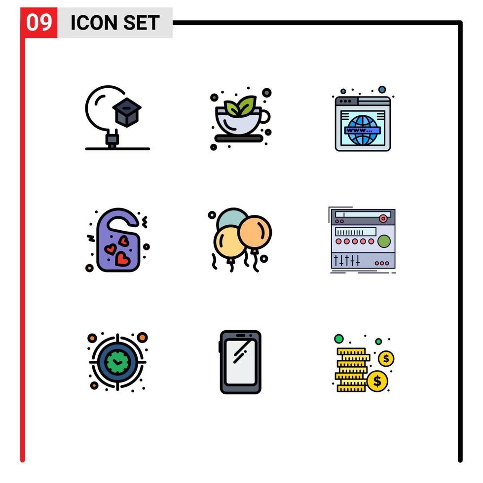 conjunto de cores planas de linha preenchida de interface móvel de 9 pictogramas de elementos de design de vetores editáveis de marca quente de amor de casamento