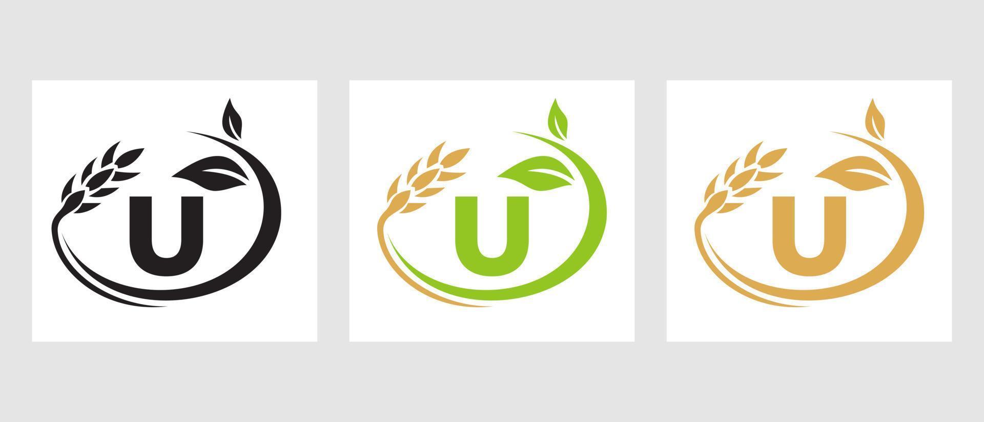 logo da agricultura da letra u. agronegócio, modelo de design de fazenda ecológica vetor