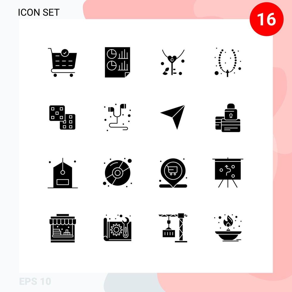 conjunto de pictogramas de 16 glifos sólidos simples de colar de chave de joia para jogos elementos de design vetorial editáveis vetor