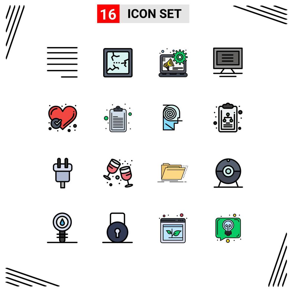 pacote de interface do usuário de 16 linhas básicas preenchidas com cores planas de conteúdo do coração da lista de verificação, relatórios de elementos de design de vetores criativos editáveis