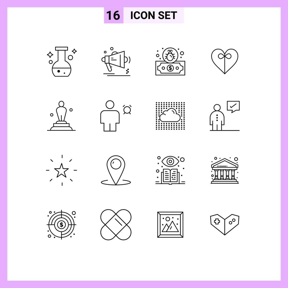 conjunto de pictogramas de 16 contornos simples de elementos de design de vetores editáveis de coração de fita de alto-falante da academia oscar