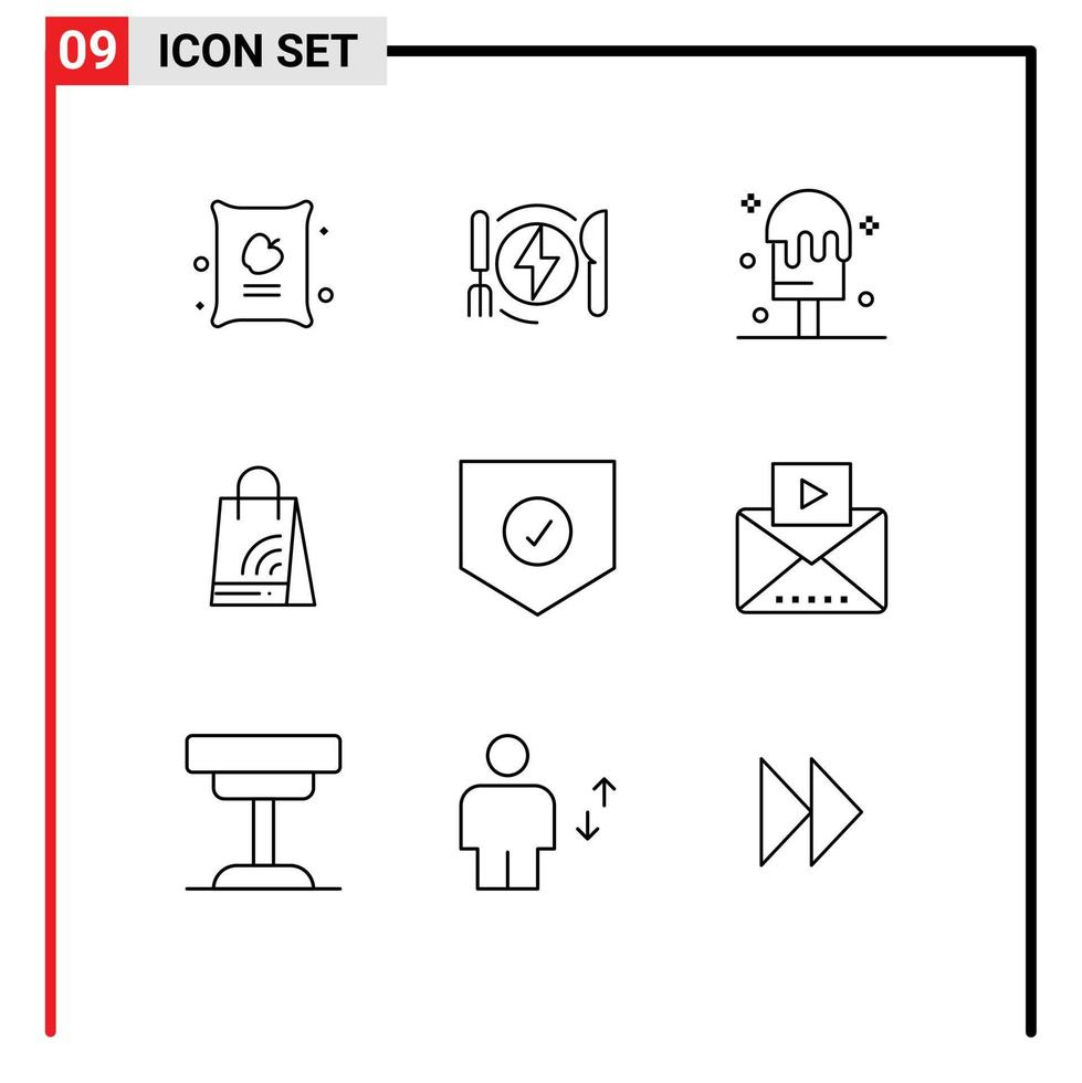 9 sinais de contorno universal símbolos de verificação de segurança bolsa de compras creme elementos de design de vetores editáveis