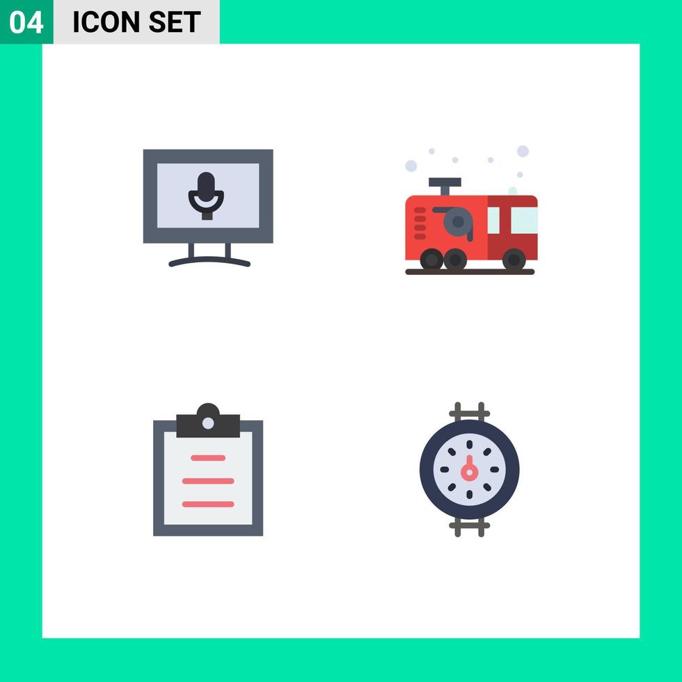 conjunto de ícones planos de interface móvel de 4 pictogramas de monitor tarefa carro bombeiro calibre elementos de design de vetores editáveis