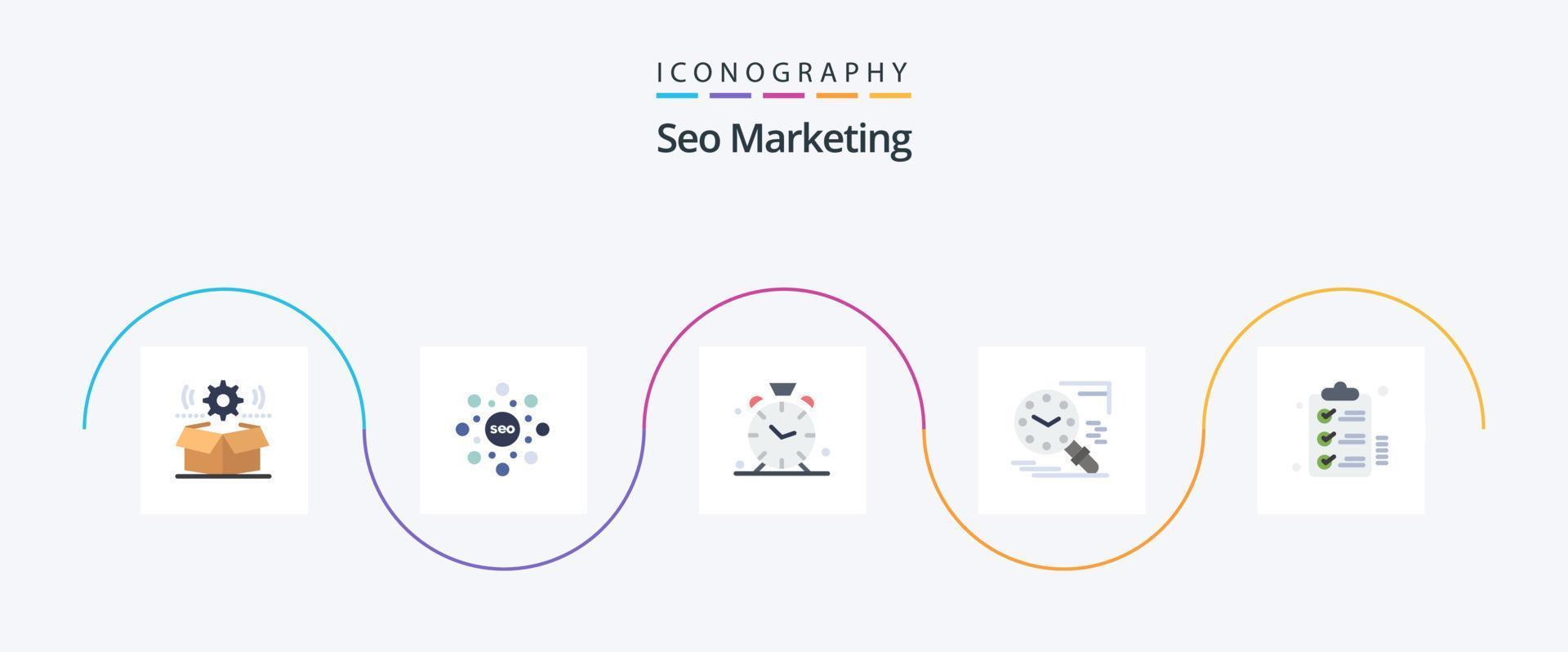 SEO marketing flat 5 icon pack incluindo história. lupa. classificação. procurar. alerta vetor