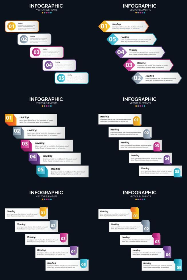 modelo de slide de apresentação de pacote de infográficos vetor 6 diagramas de ciclo de 5 etapas e linhas do tempo