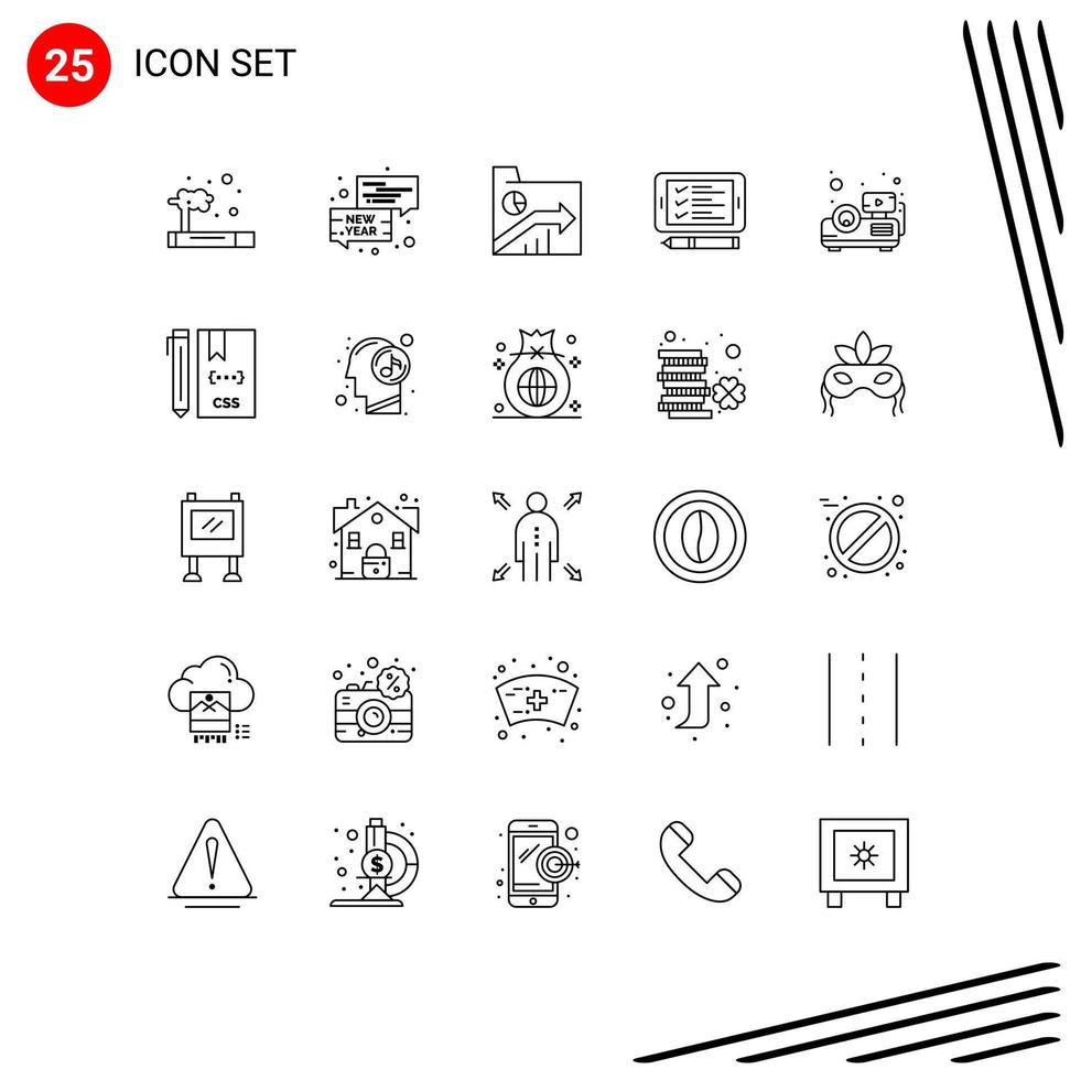 pacote de linha de 25 símbolos universais de elementos de design de vetores editáveis de relatório de células de negócios de pin beamer