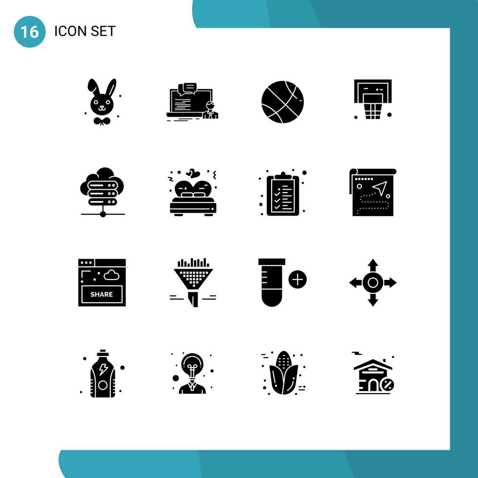 conjunto de 16 sinais de símbolos de ícones de interface do usuário modernos para banco de dados de conexão de servidor, rede esportiva, basquete, elementos de design de vetores editáveis