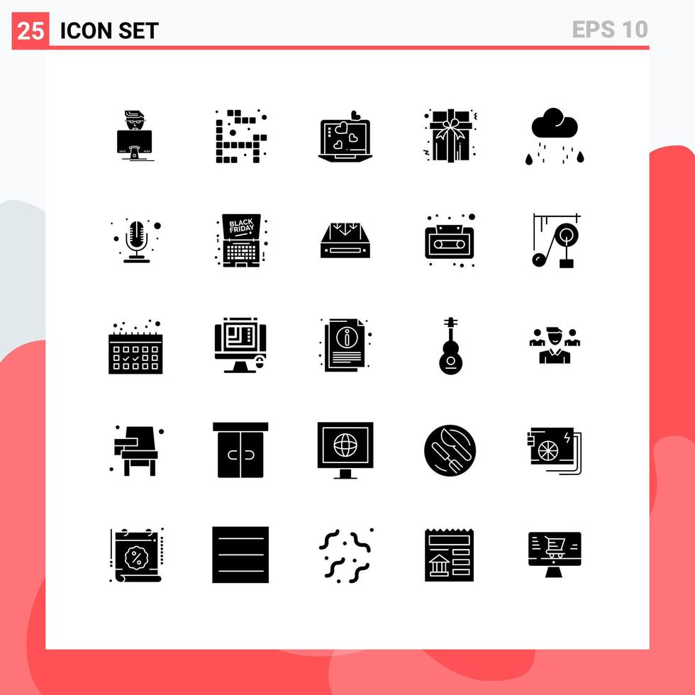 25 conceito de glifo sólido para sites móveis e aplicativos chuva, neve, amor, nuvem, presente, elementos de design de vetores editáveis