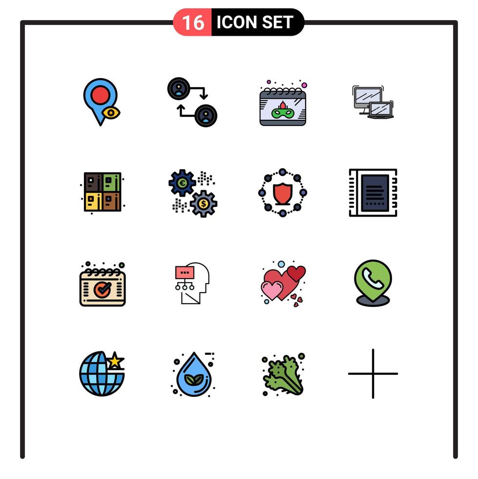 16 símbolos de sinais de linha preenchidos de cores planas universais de cálculo de data de tecnologia macbook business elementos de design de vetores criativos editáveis