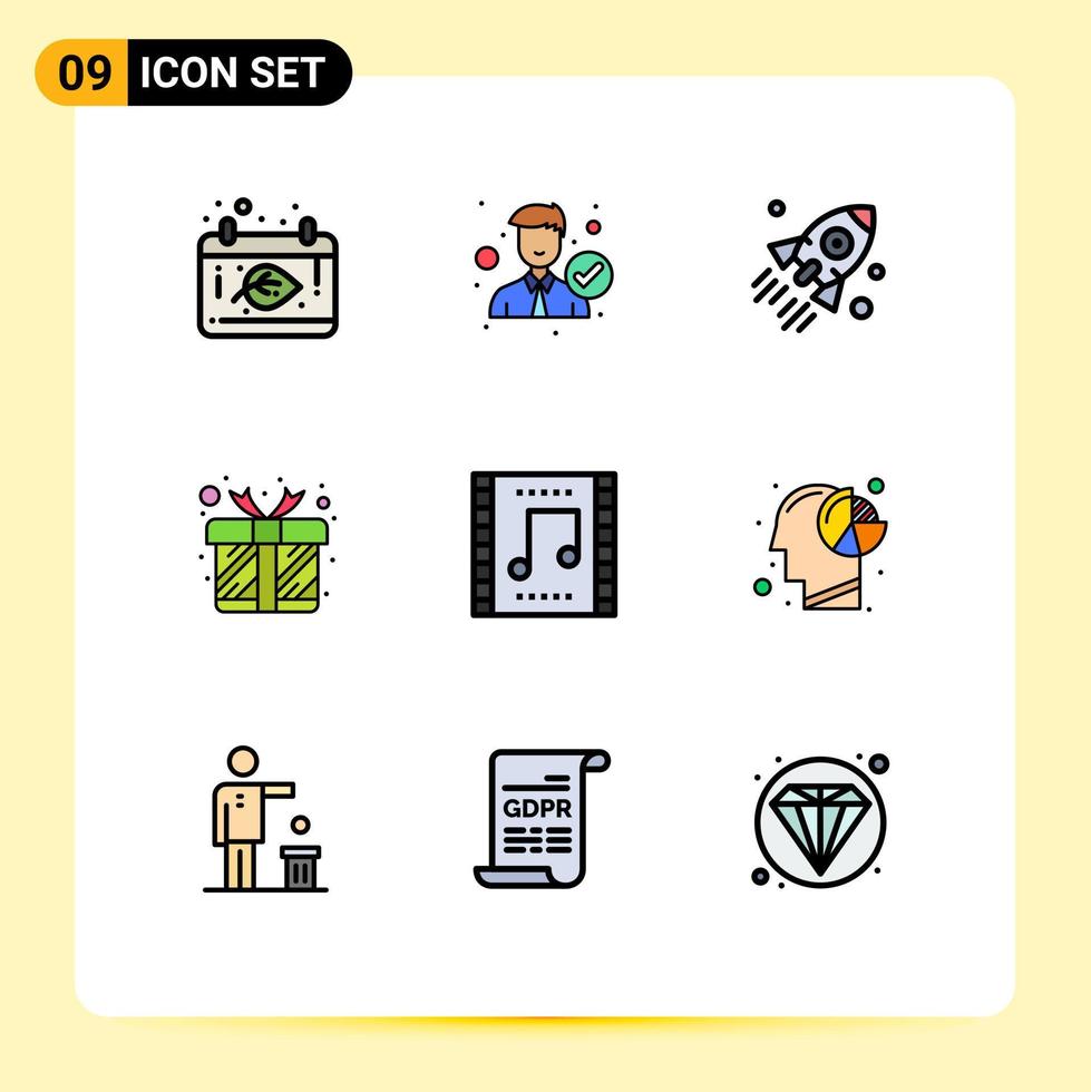 pacote de 9 sinais e símbolos modernos de cores planas de linha preenchida para mídia de impressão na web, como caixa de presente, elementos de design de vetores editáveis de inicialização de presente certo