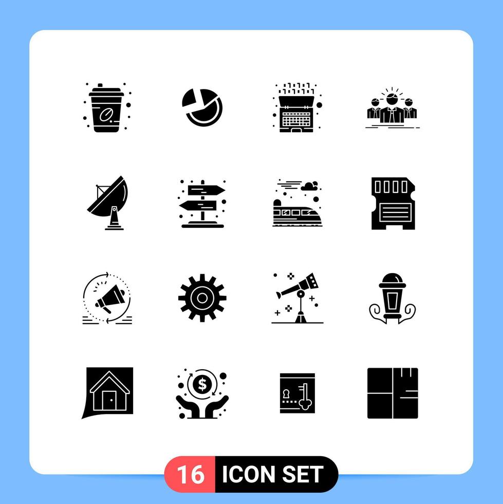 conjunto moderno de 16 glifos e símbolos sólidos, como elementos de design de vetores editáveis de inteligência de carreira de funcionário líder