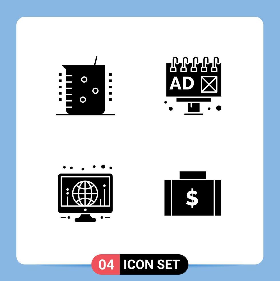 pacote de glifos sólidos de 4 símbolos universais de laboratório químico de monitor de ácido, elementos de design de vetores editáveis do mundo da publicidade