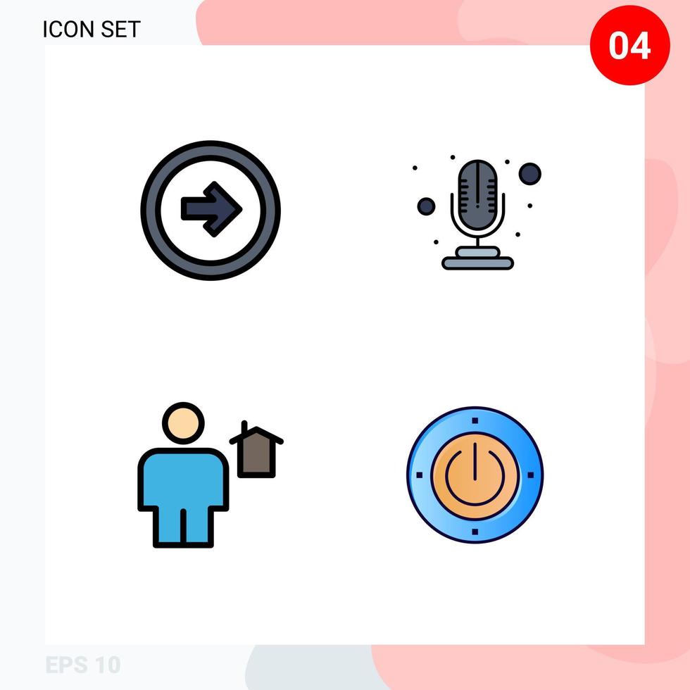 grupo de 4 sinais e símbolos de cores planas de linha preenchida para interface de usuário de corpo de seta, casa de microfone, elementos de design de vetores editáveis