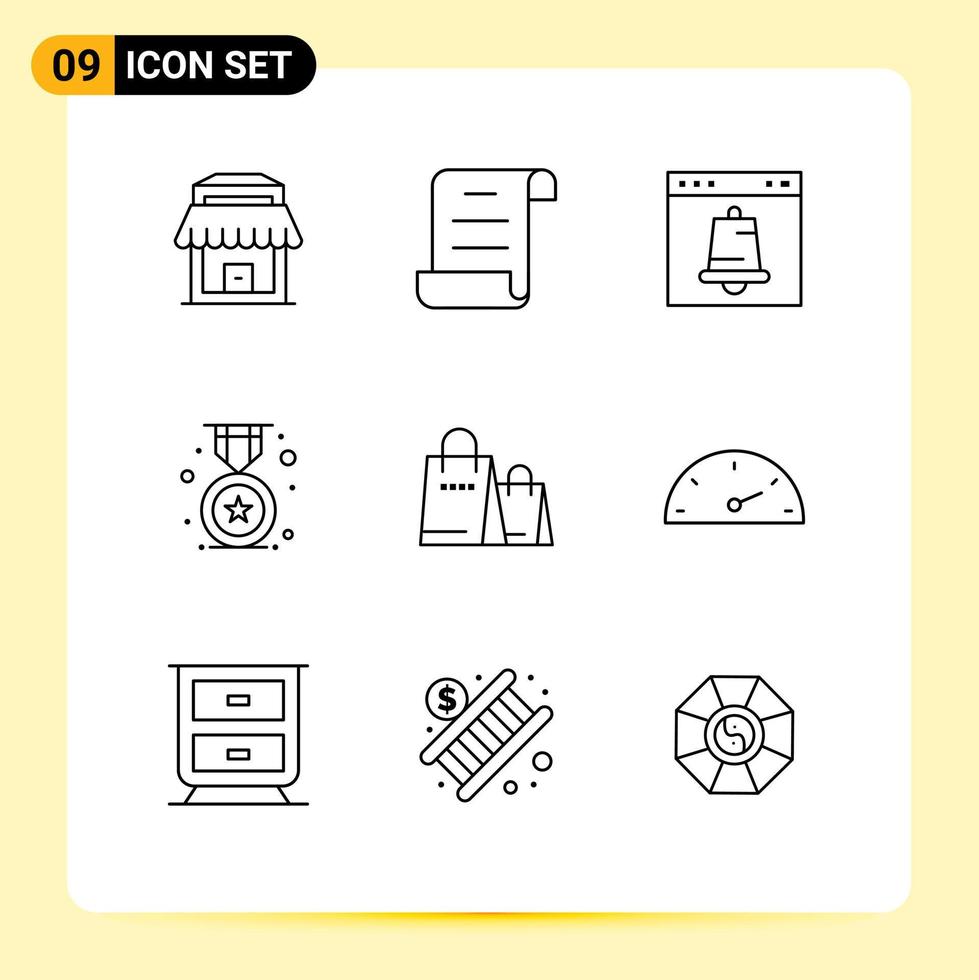 pacote de interface de usuário de 9 contornos básicos de elementos de design de vetores editáveis de crachá de escola de navegador de sacola de compras