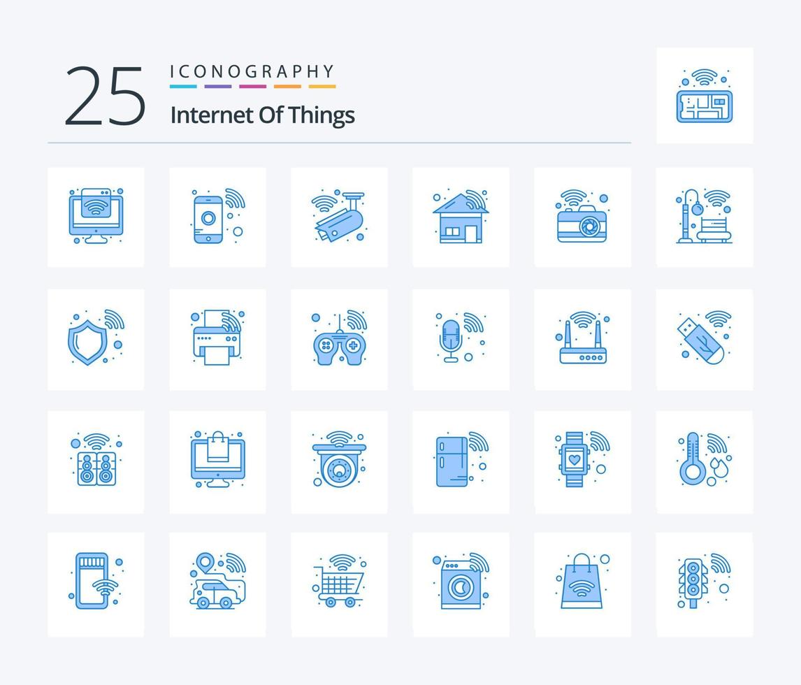 internet das coisas pacote de ícones de 25 cores azuis, incluindo dslr. Câmera. Câmera. inteligente. casa vetor