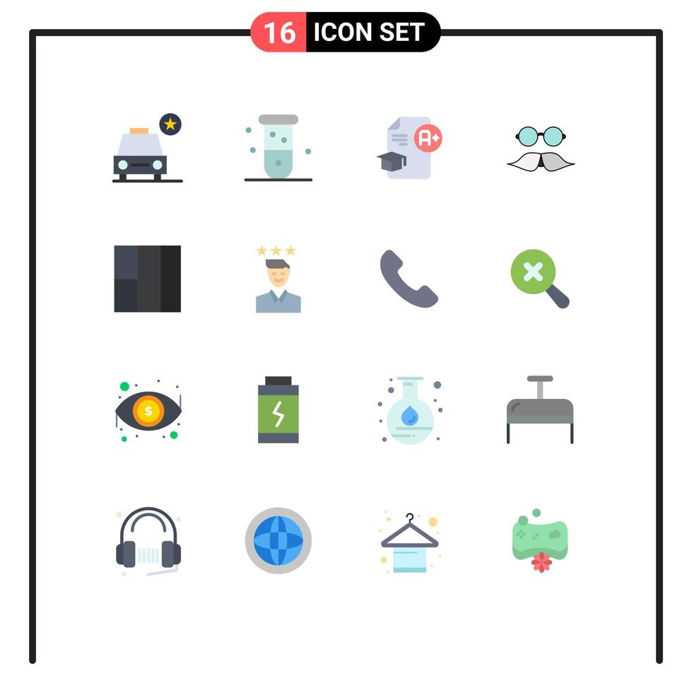 Pacote de cores planas de 16 interfaces de usuário de sinais e símbolos modernos de óculos hipster laboratório bigode pacote editável de graduação de elementos de design de vetores criativos