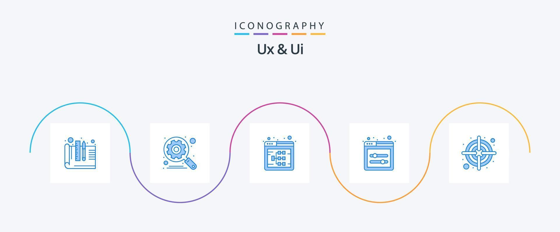 pacote de ícones ux e ui azul 5, incluindo objetivo. Design da interface do usuário. fluxo. controles deslizantes da interface do usuário. local na rede Internet vetor