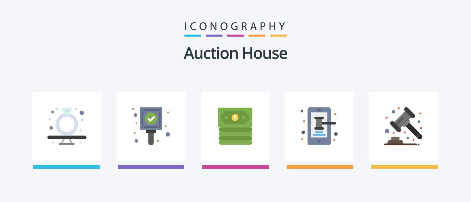 Pacote de ícones de 5 planos de leilão, incluindo martelo. troca. marcação. Smartphone. Móvel. design de ícones criativos vetor