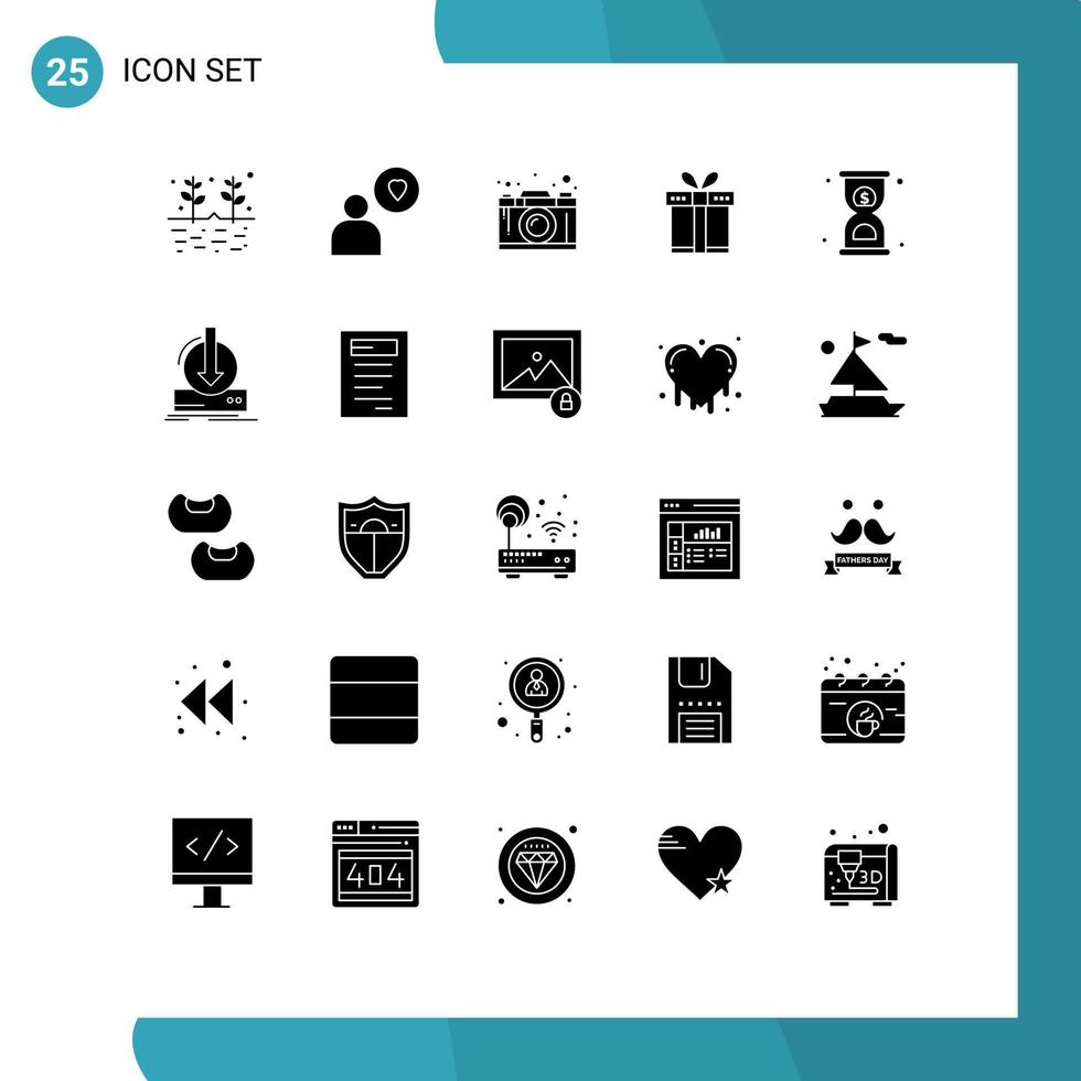 pacote de 25 sinais e símbolos de glifos sólidos modernos para mídia impressa na web, como criatividade de fita de ampulheta, presente de compras, elementos de design de vetores editáveis