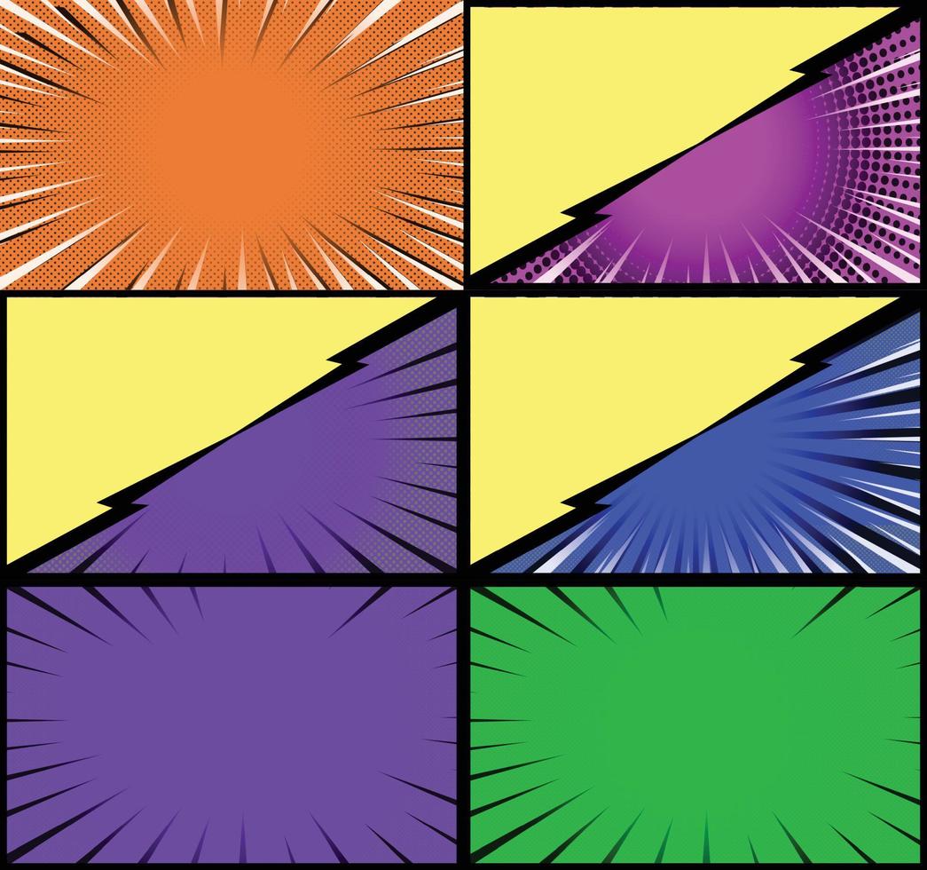 fundo de quadros coloridos de quadrinhos com raios de meio-tom radial e efeitos pontilhados estilo pop art vetor