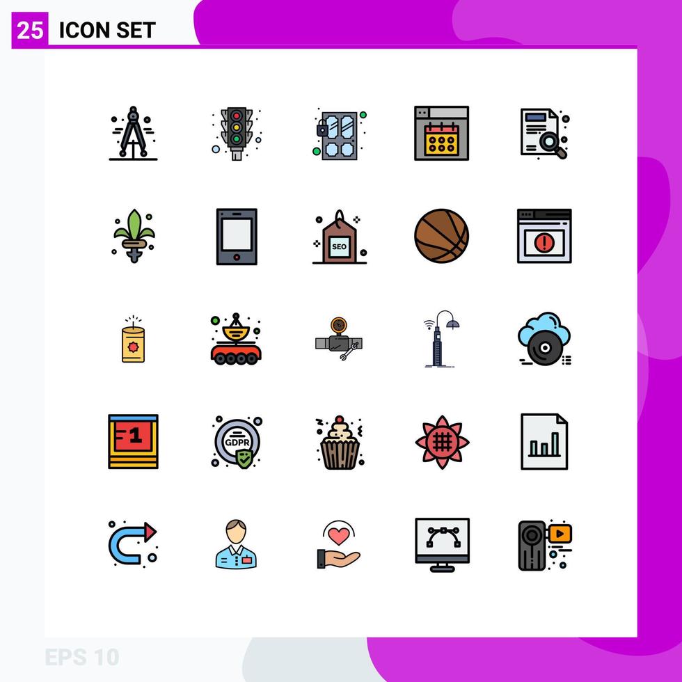 pacote de 25 sinais e símbolos modernos de cores planas de linha preenchida para mídia de impressão na web, como lupa, sensor de data, calendário, elementos de design de vetores editáveis na web
