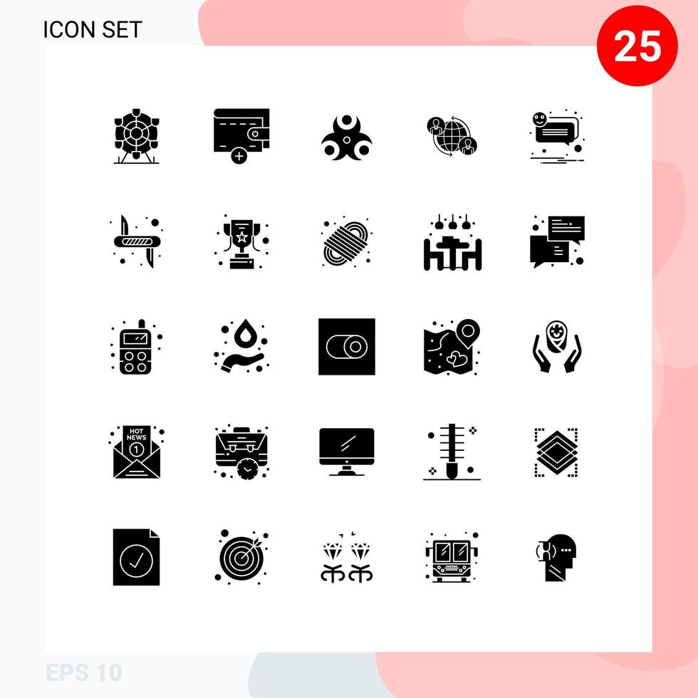 pacote de interface do usuário de 25 glifos sólidos básicos de conexões de internet biológicas globais de bolha elementos de design vetorial editáveis vetor