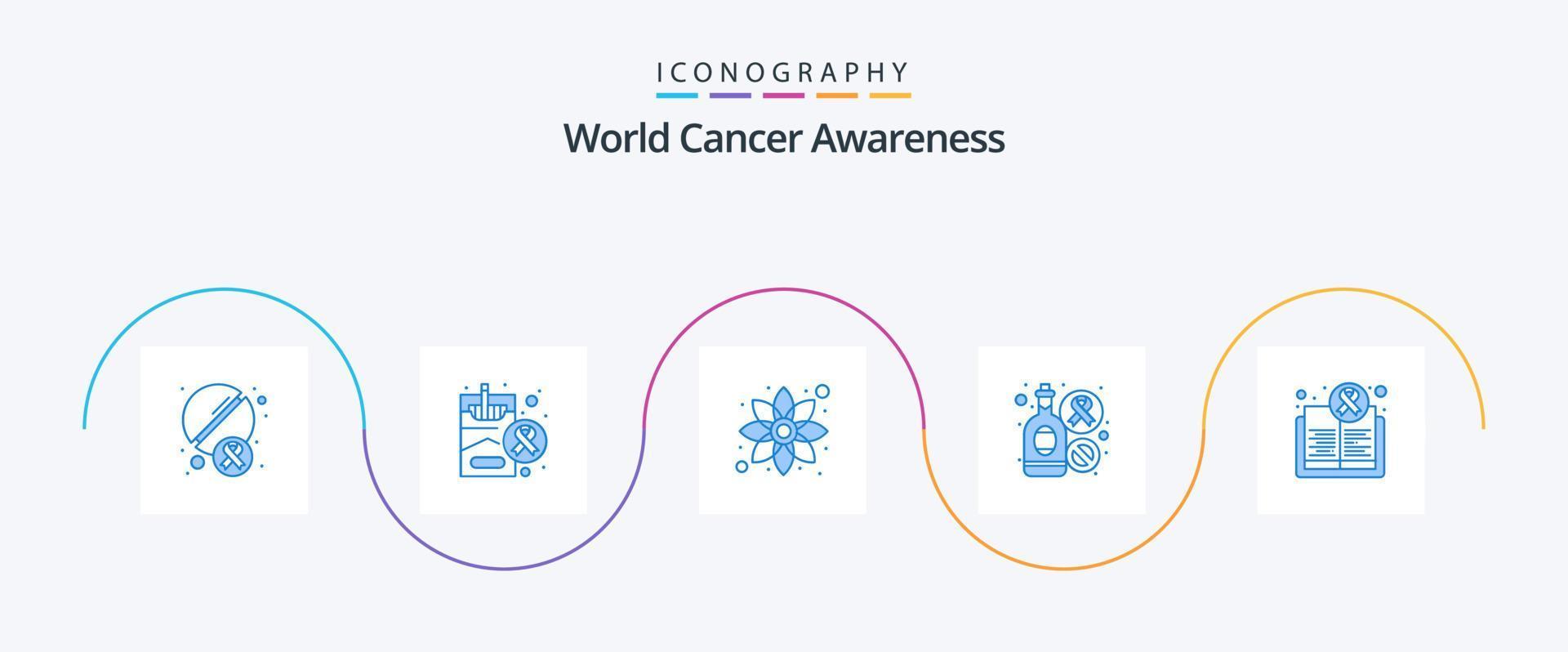 pacote de ícones azul 5 de conscientização mundial sobre o câncer, incluindo livro. o sinal. camomila. vinho. garrafa vetor